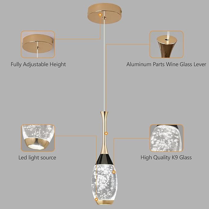 Modern Black Gold Pendant Light Dimmable LED Ceiling Light Fixtures Mini Teardrop Crystal Pendant Lighting for Kitchen Island Bedroom Hallway Entryway (2-Pack，Champagne Gold)