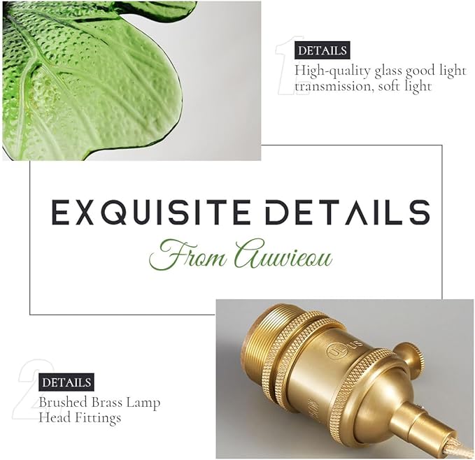 2 Pack Plug in Pendant Light, 14.75ft Cord Hanging Light with Hand Blown Green Glass Shade, Brass Pendant Lamp Plug in Hanging Lighting for Kitchen Island Bedroom Living Room Dining Room