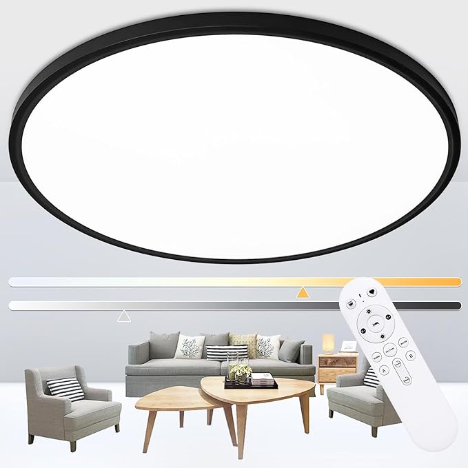 24 Inch Large Flush Mount Ceiling Light Fixture, Dimmable with Remote Control, 56W, 5600 Lumen, Modern, Round, Black, for Kitchen, Dining Room, Bedroom, Living Room, Home Office