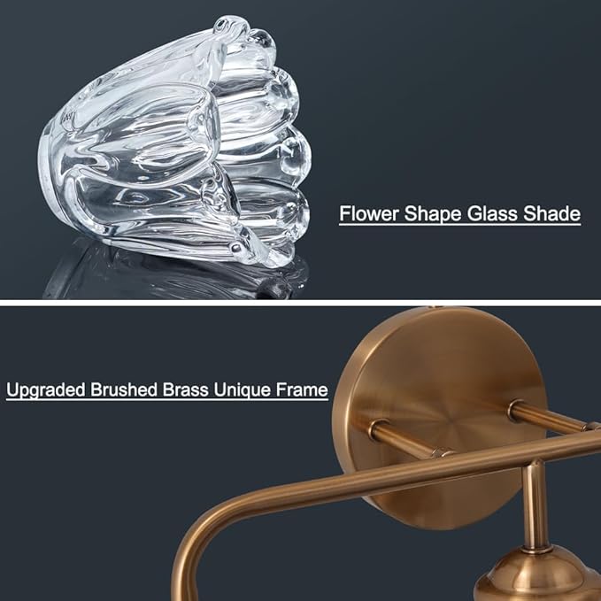 Daunton 3-Light Bathroom Vanity Light Gold, Vintage Vanity Light Fixtures Over Mirror, Brass Bathroom Light with Flower Glass Shade, Art Deco Wall Sconce Lighting for Bedroom, Living Room