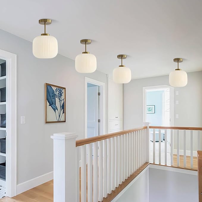 KCO Lighting Ribbed Milk Glass Flush Mount Light Gold and White Ceiling Lights Brass Kitchen Lighting Fixtures Small Globe Semi Flush Mount Ceiling Light for Hallway Stairway