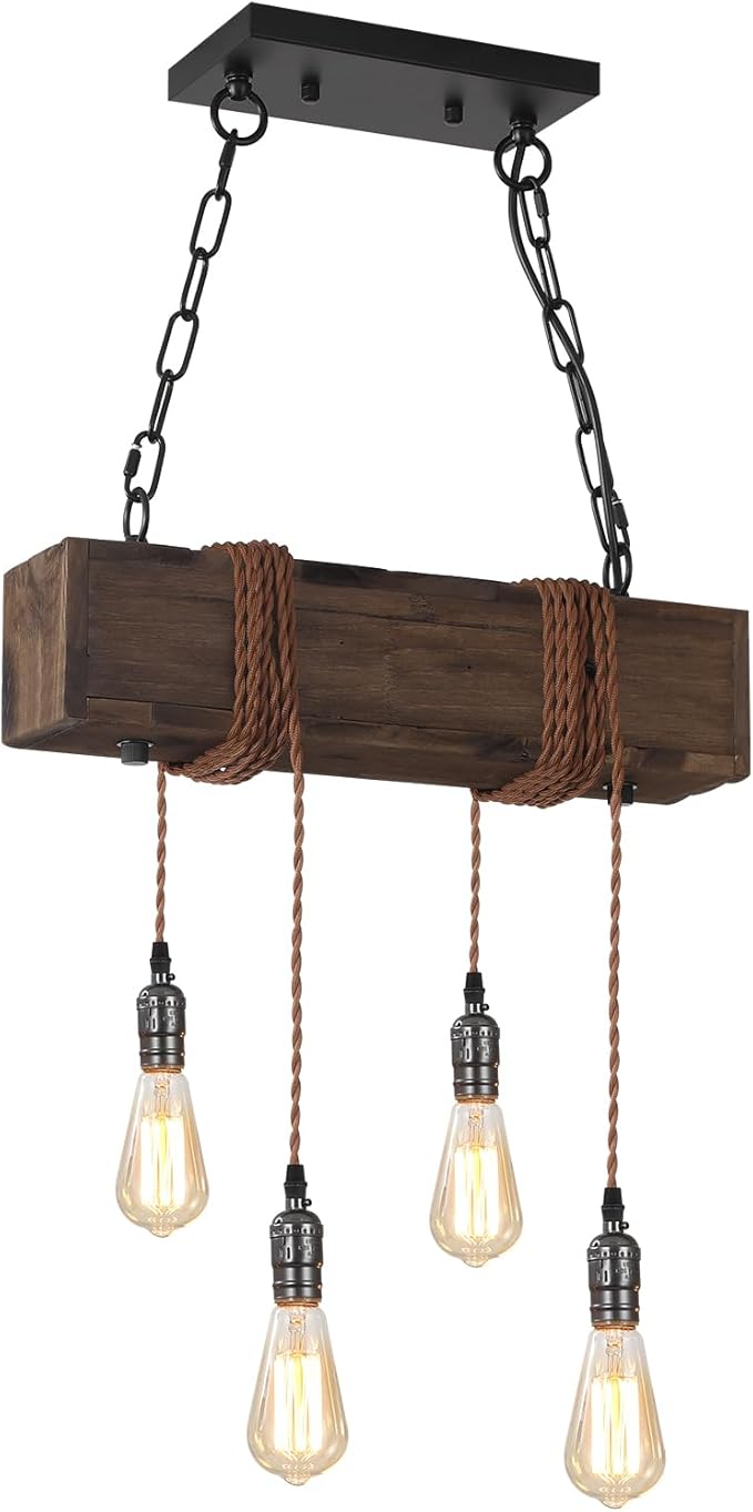 KEESFU 4-Lights Farmhouse Pendant Lights Kitchen Island, Rustic Wooden Ceiling Hanging Light, Height Adjustable, Dining Room Chandelier for Kitchen Island Dining Room Bar Pool Table Cabin.