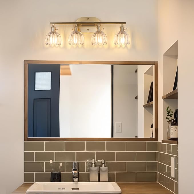 Shenmoyl Bathroom Light Fixtures, 4-Light Brass Vanity wall Light Over Mirror with Clear Tulip Glass Shade for Bedroom Living Room (Bulb Not Included)