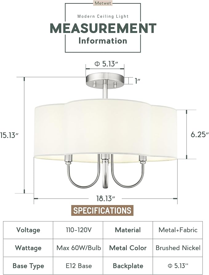 4-Light Semi Flush Mount Ceiling Light, 18" Vintage Light Fixtures Ceiling Mount with Fabric Shade in Quatrefoil for Kitchen Entryway Hallway Bedroom, Brushed Nickel, SM179-BN-L