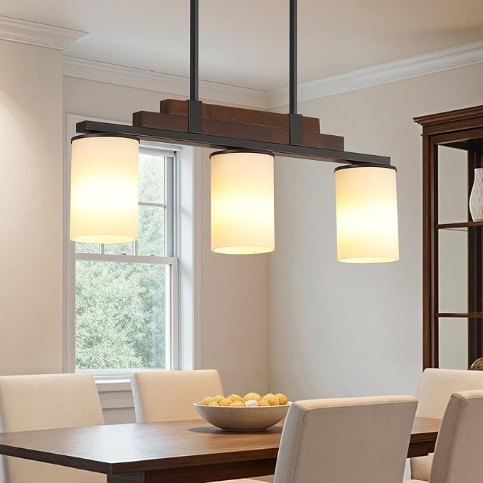 Farmhouse Wood Kitchen Island Lighting, 3-Light Adjustable Chandelier for Dining Room, Milk Glass Shade Dining Room Light Fixture Over Table, Black Hanging Pendant Lights for Kitchen, Pool Table