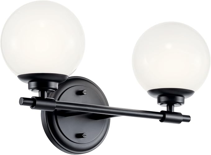 Kichler Benno 2-Light Bathroom Vanity Light Fixture, Modern Wall Mount with Opal Glass in Black for Bathroom or Powder Room, G9 LED Compatible (8.75 x 14.75 in), 55171BK