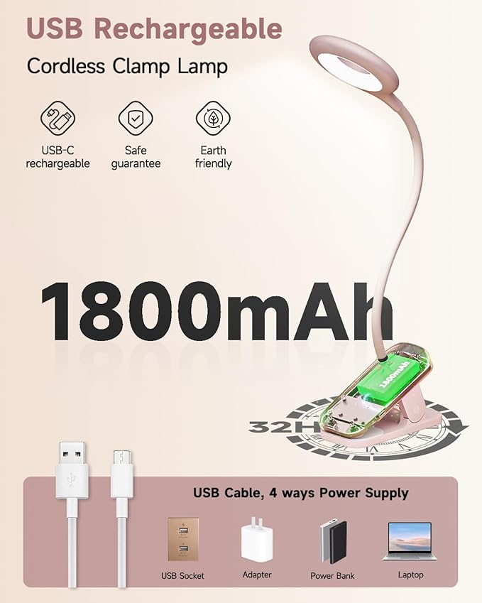 CUHIOY Rechargeable Clip on Reading Light for Bed, Battery Desk Lamp, 5 Color 5 Brightness & Touch Control Headboard Lamp, Large Clamp Lamp with Flexible Neck, Eye Protect LED Bedside Light, Pink