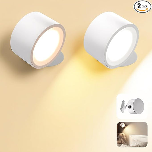 LED Wall Mounted Lamps, Battery Operated Rechargeable Wall Lights, 3CCT & Dimmable, 360°Rotation with Magnetic Ball, Cordless Wall Sconces for Picture Bedside Bedroom Reading, White-2 Pack