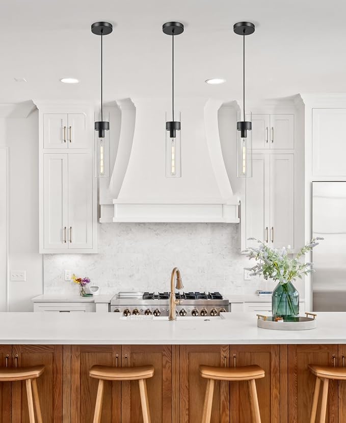 3 Pack Black Pendant Lights Kitchen Island (Bulbs Included), Adjustable Modern Glass Pendant Light Over Island, Industrial Pendant Light Fixtures for Dining Room Hallway Bedroom Living Room