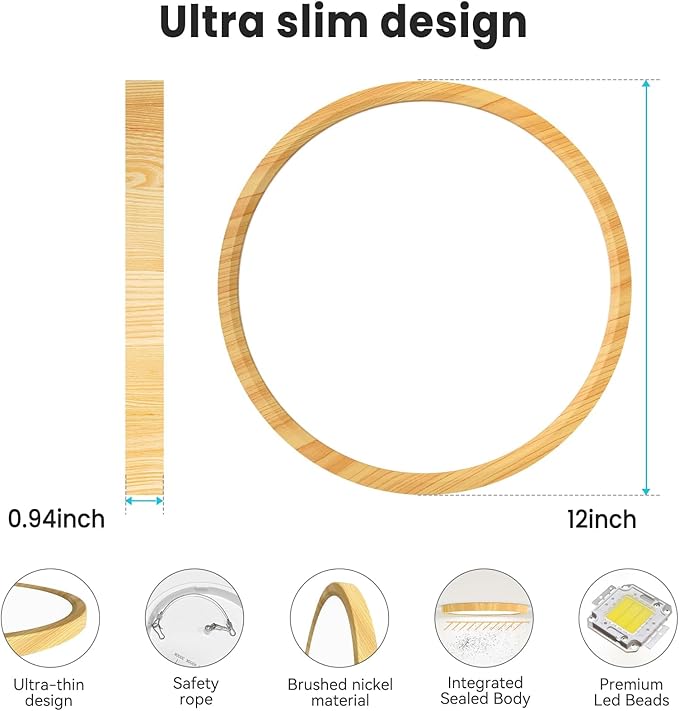 libtit 2 Pack 12Inch Wooden LED Flush Mount Ceiling Light, 28W 3200lm Adjustable 3000K-6500K Color Temp | Round Lamp for Bathroom/Shower/Hallway/Kitchen
