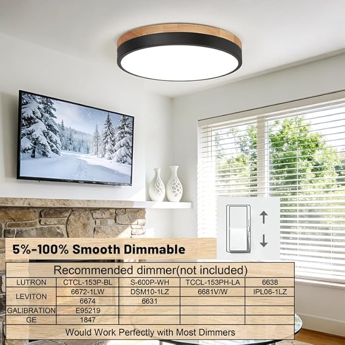 11.8 inch Wood Led Flush Mount Ceiling Light, Dimmable, 5CCT 3000K-6000K Selectable, 36W, 3600LM, Round Modern White Light Fixture Ceiling Mount for Bedroom, Laundry Room,Kitchen, Hallway, Black