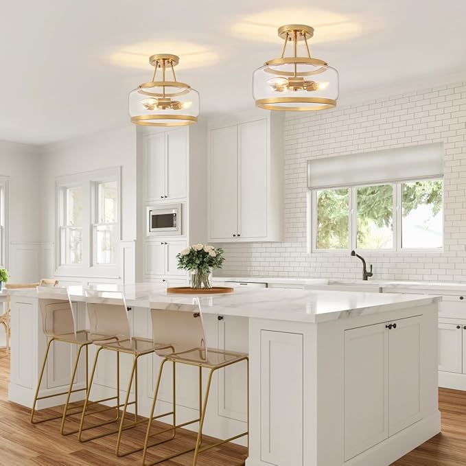Brushed Gold Modern Ceiling Light Semi Flush Mount Hallway Lights Entryway Chandelier 3-Light Drum Glass Bathroom Ceiling Lighting Fixtures for Kitchen Foyer Bedroom Laundry Dining Room