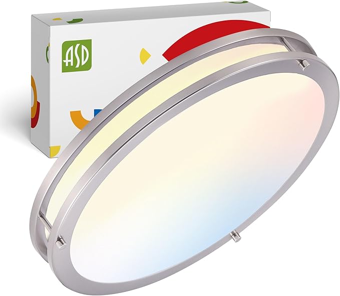 ASD LED 18" Round Flush Mount Lighting, Close to Ceiling Light Fixture | 3CCT, Dimmable, Energy Star, ETL Listed | 28W 2744LM 3000-5000K 100-277V | Low Profile Double Ring Lamp | Nickel