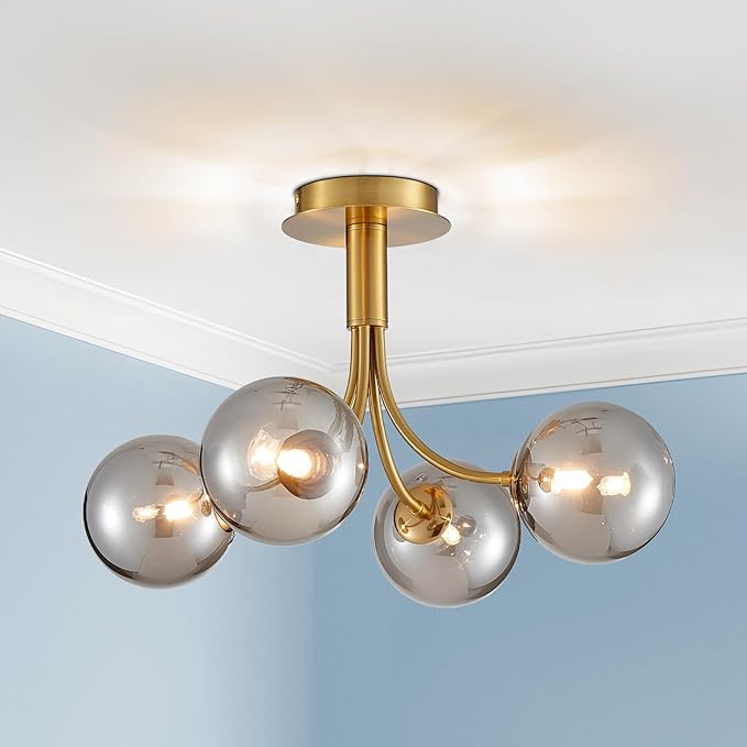 AGV Lighting Modern Semi Flush Mount Ceiling Light Fixture, 4-Light Gold Flush Mount Chandelier with Smoky Silver Glass Globe Shades, 18" L x 12" H Metal Ceiling Lamp for Bedroom, Dining Room, Kitchen