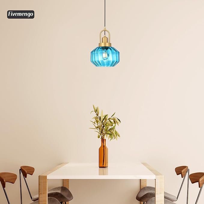 9in Mid Century Modern Blue Glass Pendant Light Fixture, Small Gold Kitchen Island Pendants Light Glass Ceiling Hanging Lamp for Foyer Dining Room Bedroom Entryway Hallway Over Sink