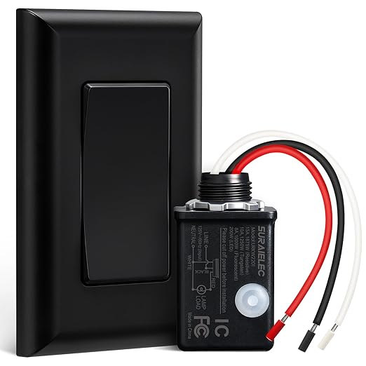 SURAIELEC Wireless Light Switch and Receiver Kit Black, 15A High Power, No Wiring No Interference, 100ft Range, Expandable Remote Control Wall Switches for Lamp, Ceiling Light, Fan, Outdoor Lighting
