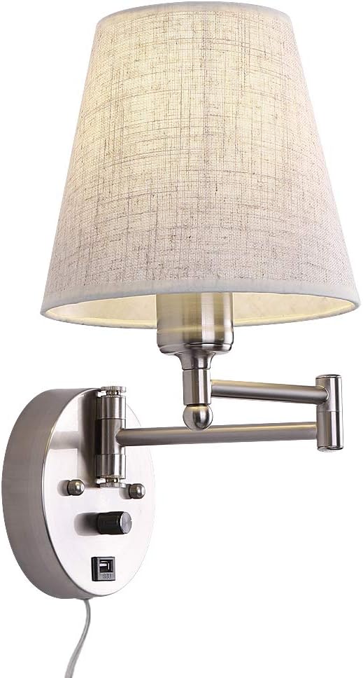 Bedside Wall Mount Light with Dimmable Switch and USB Port, Swing Arm Fabric Shade Wall Sconce Light with Plug in Cord, Wall Lamp Perfect for Bedroom, Living Room and Hotel