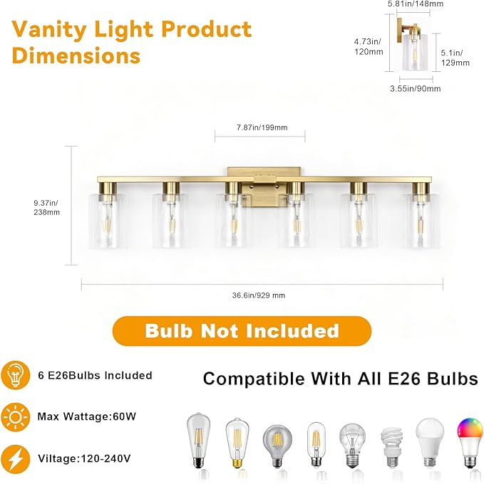 6 Light Bathroom Vanity Light Brushed Gold , Gold Bathroom Light Fixtures for Bathrrom Large Wall Sconce with Clear Glass Shade Rust and Moisture Prevention Easy to Install Vanity Lights over Mirror