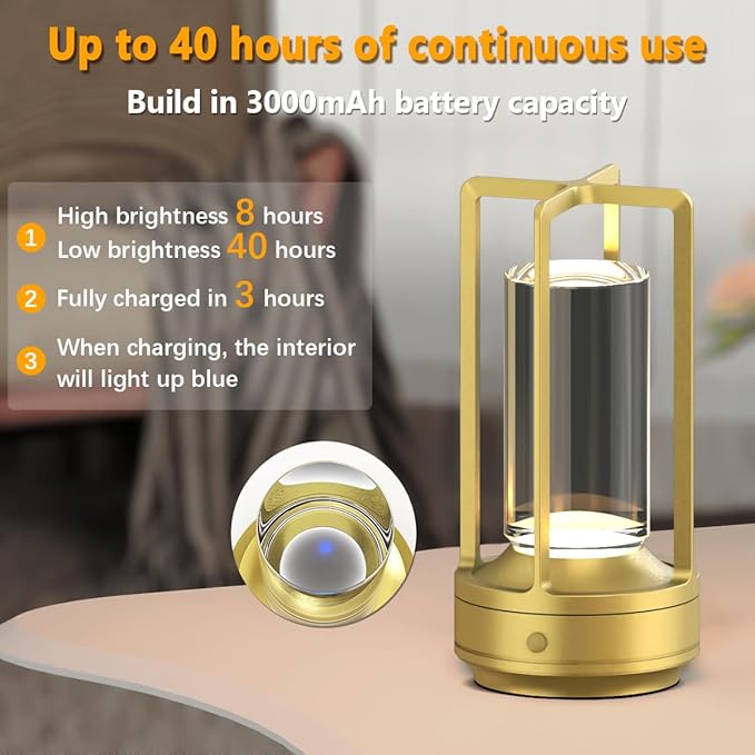 Small Cordless Table Lamps Rechargeable Set of 2 for Indoor/Outdoor, Portable Battery Operated Powered Lamps, Dimmable 3 Color Modes Waterproof, LED Desk Lights for Bedroom/Restaurant/Camping-Gold