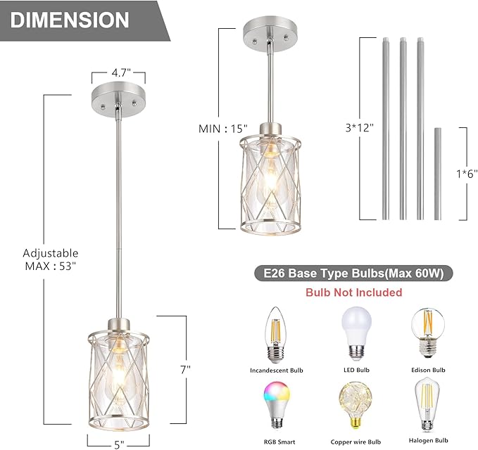 Refice Glass Pendant Lights Kitchen Island, Brushed Nickel Kitchen Hanging Light with Clear Glass, Farmhouse Cage Mini Pendant Lighting for Sink Dining Room Bedroom Bar, 1 Pack