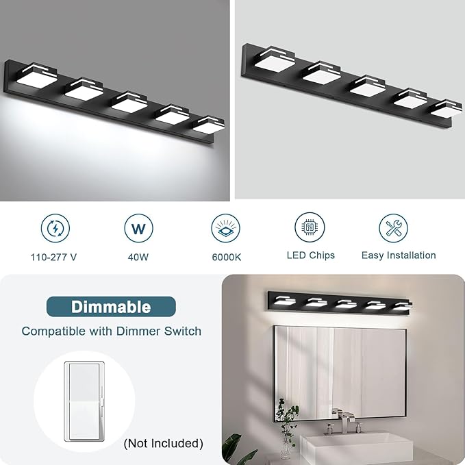 LED Modern Bathroom Vanity Light Fixtures, 5-Light 34-inch Dimmable Matte Black Vanity Lights for Bathroom Lighting Fixtures Over Mirror, with 360° Rotatable Acrylic Heads (Cool White 6000K)
