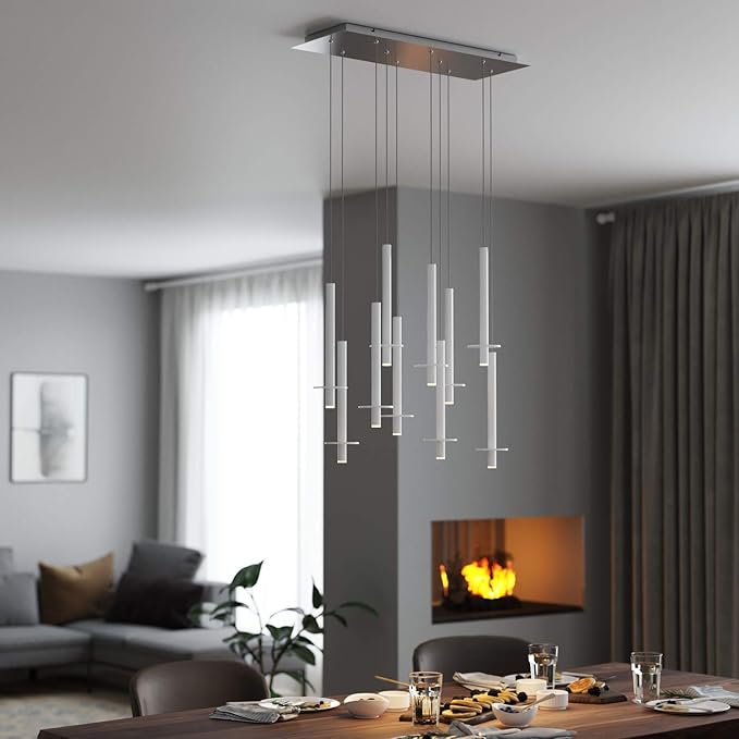 Draco 10 Pendant Lighting White – LED Hanging Light Fixture for Kitchen Island, Bar, Foyer – Equilateral Cluster of Mini Metal Rod Pipe Tube Cylinders – Dimmable, Adjustable Wire, Lamp Bulb Included