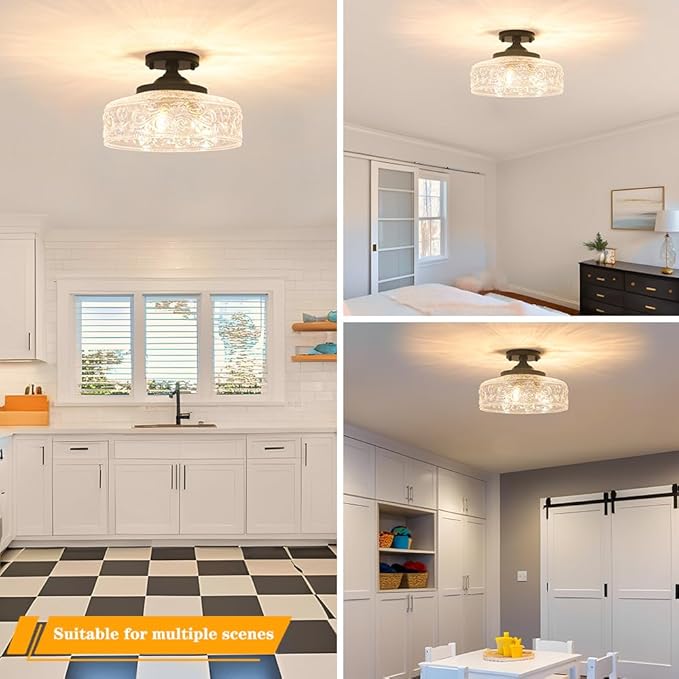 Semi Flush Mount Ceiling Light Fixture, Vintage Matte Black 3-Light Fixture with Etched Crystal Glass Shade for Kitchen,Hallway, Entryway, Bedroom (No E12 Bulbs Included)