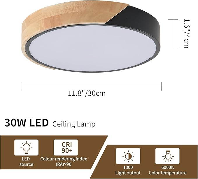 LED Ceiling Lights,12 Inch Black Modern Flush Mount Lighting Fixture,Round Shaped Wood Ceiling Lighting,30W,6500K Cool White