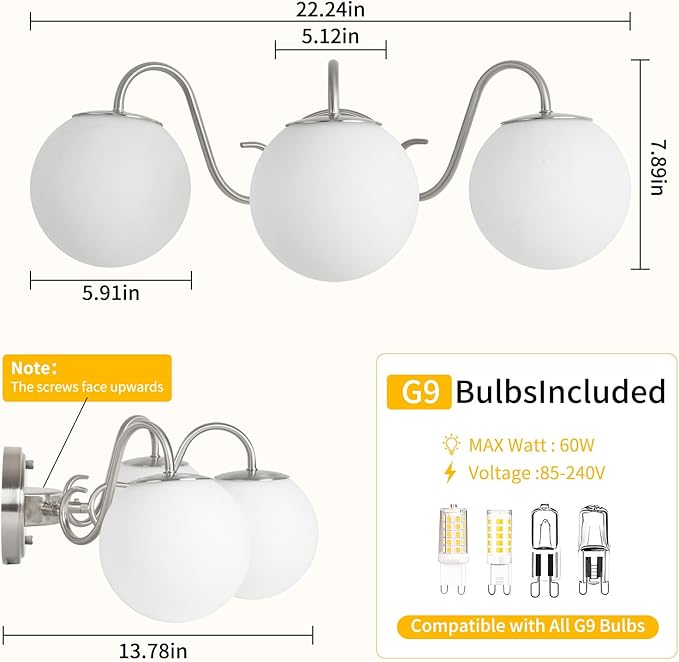 3 Lights Vintage Bathroom Vanity Light Fixtures Over Mirror, Brushed Nickel Vanity Lights For Bathroom With Milk White Glass Globe Shade, Wall Lights For Bedroom, Hallway, Dressing Table(G9 Incl.)