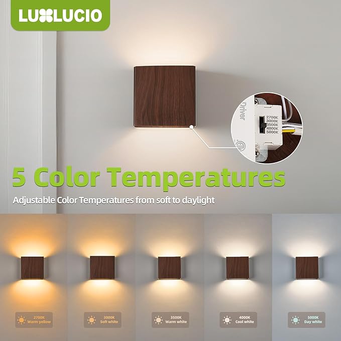 Walnut Wood Grain Indoor Outdoor Up and Down Wall Sconce, 5%-100% Dimmable 18W, 5CCT (2700K-5000K), Modern Lighting for Living Room/Porch, CRI90+, 120V-277V, ETL FCC Certified