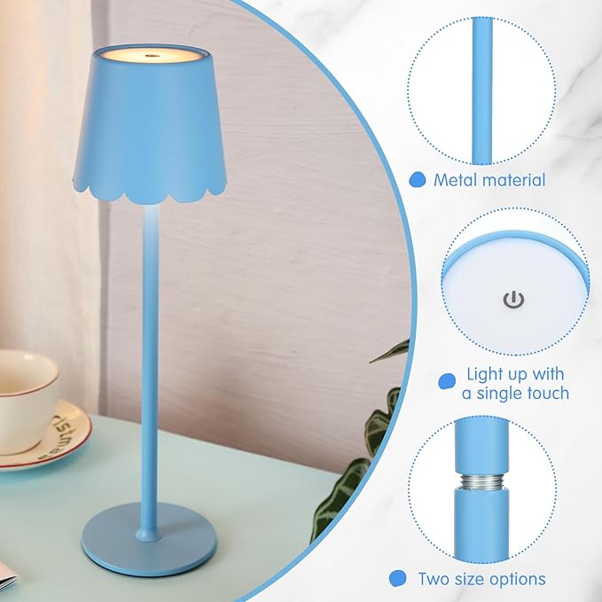 Pickmesh 1 Pack Scalloped Touch Cordless Table Lamp Rechargeable 4000mah Battery 3 Color Stepless Dimmable Portable LED Desk Light for Mahjong Gift Bedroom Wedding Bars Outdoor Party Home Decor(Blue)