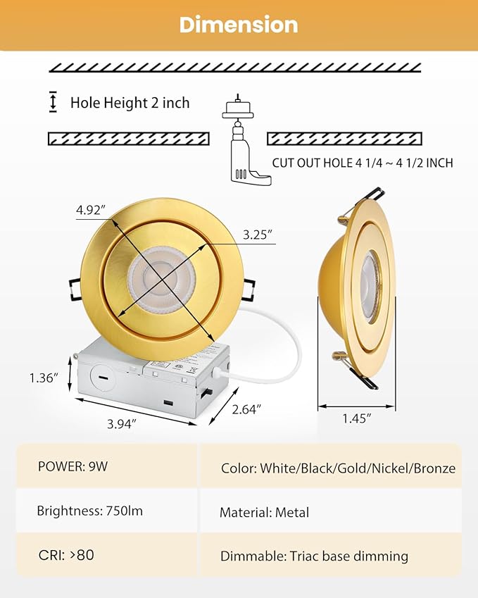 POPANU 4 inch LED Recessed Light - 9W Gold Gimbal Recessed Lighting Canless Soffit Swivel Eyeball 90° Tilt Wafer Slope Ceiling Adjustable Spotlight Dimmable for Accent Lighting Gold 6 Pack
