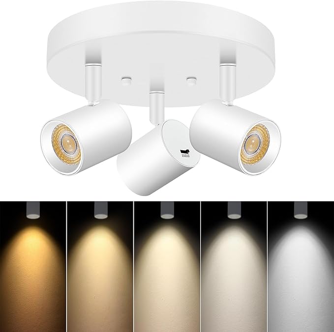 VANoopee 5 Color 3 Light LED Ceiling Spot Light Indoor Flush Mount Directional Adjustable Spotlight Fixtures Close to Ceiling for Kitchen Hallway Modern LED Track Lighting Kit Dimmable 30W Matte White