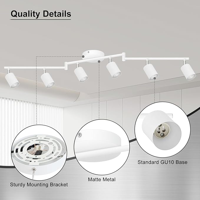 AUQUEE 6 Light Track Lighting Fixtures Ceiling, Matte White Kichen Track Lighting Fixtures with Rotatable Light Heads, Foldable Lamp Arms, Modern LED Track Lights for Kitchen/Hallway, No GU10 Bulb