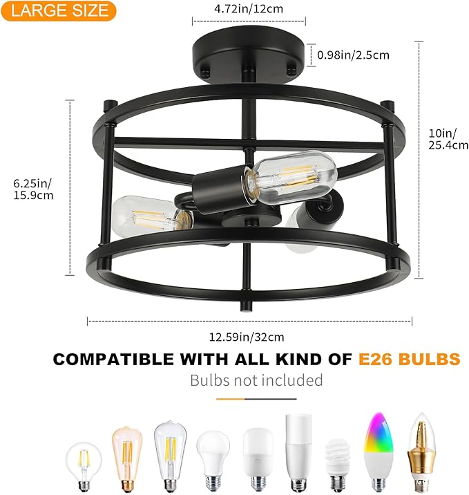 Semi Flush Mount Ceiling Light 12.59'' Farmhouse Black Ceiling Light Fixtures Industrial Kitchen Light Fixtures 3-Light Metal Cage Ceiling Lights for Bedroom, Living Room, Hallway, Foyer
