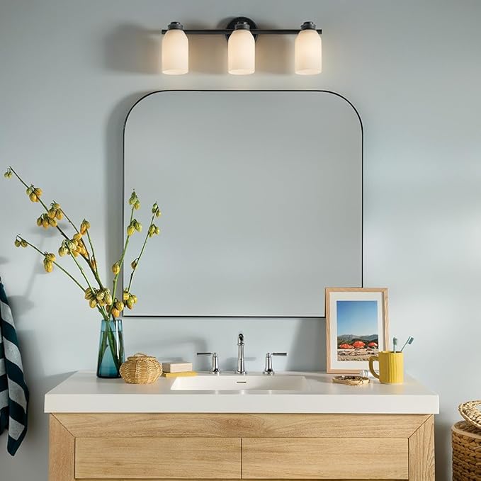 Kichler Shae 24.25" 3-Light Bathroom Vanity Light Fixture with White Opal Glass in Black, Modern Wall Mount Over Mirror for Powder Room (24.25" W x 9" H), 55202BK