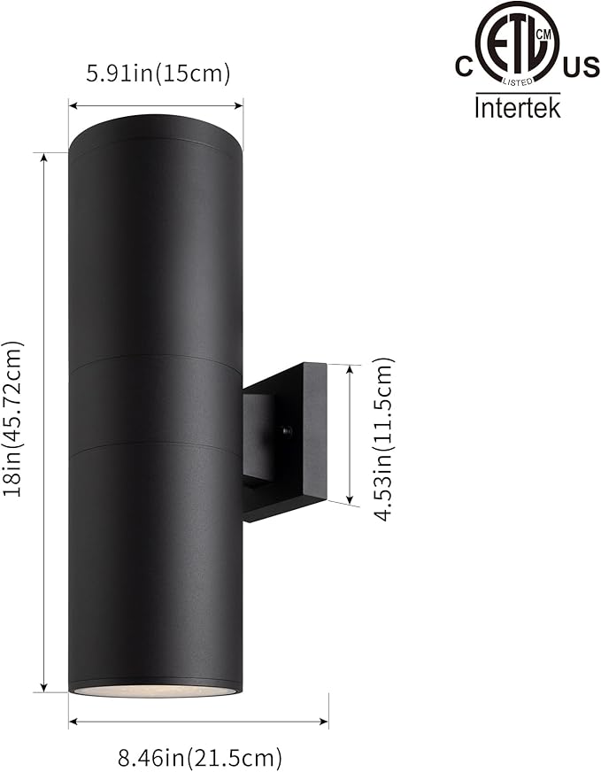 mirrea 18" Modern Outdoor Porch Light Patio Light in 2 Lights with Aluminum Cylinder and Tempered Glass Cover Waterproof Wall Sconce 4 Pack (Matte Black)