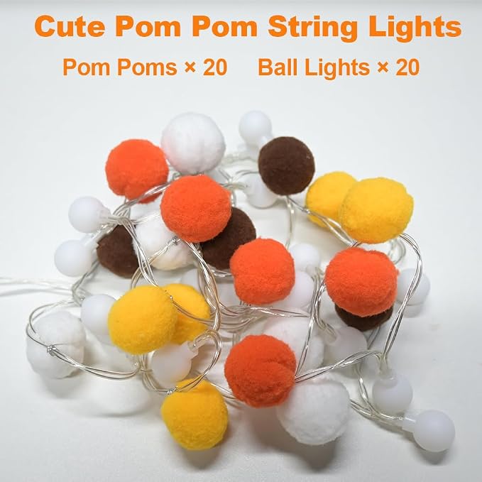 ChiRee Pom Poms Fairy Lights Indoor String Lights 6.56 Feet 20 LED Battery Operated String Ball Lights Warm White Globe Lights Colorful Decor Lights for Home Bedroom Kids Playhouse Holiday Christmas