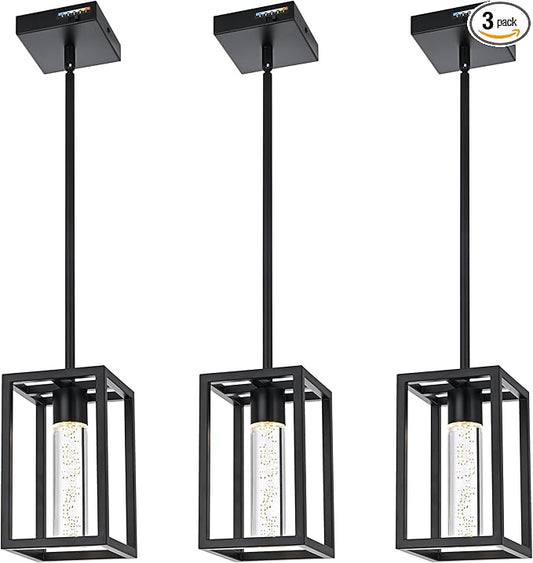 MELUCEE Modern Led Pendant Light Fixture 5 Color Temperature Adjustable, 3 Pack 15W LED Bubble Crystal Pendant Lights Kitchen Island, Black Dining Room Light Fixtures Adjustable Height, 3000-6000K