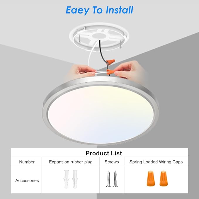 Peasur 12 Inch LED Ceiling Light Brushed Nickel, 24W Slim Flush Mount Ceiling Light 3000K/4000K/6500K Adjustable, Modern Round Ceiling Lighting for Bedroom, Living Room, Kitchen