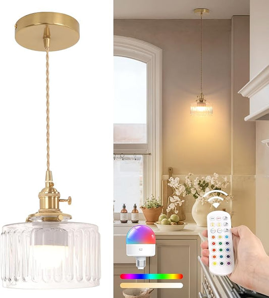 Shenmoyl Battery Operated Pendant Light 5000mAh Rechargeable Chandelier with Remote Control Wireless Adjustable Hanging Clear Striped Light for Kitchen Island Dining Room Hallway