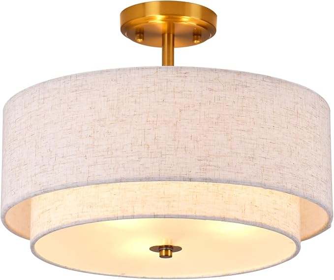 3-Light Semi Flush Mount Ceiling Light Fixture, 16" Gold Drum Light Fixture, Modern Close to Ceiling Light with 2-Laye Fabric Shade Lamps for Bedroom Living Dining Room Hallway Entryway Foyer