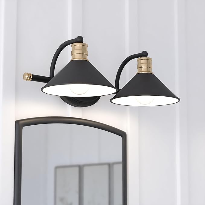 VAXCEL Akron 2-Light 18 inch Wide Matte Black and Natural Brass Industrial Bathroom Vanity Lighting Fixture, Metal Shade, Dimmable, LED Compatible, Over The Mirror Mounted Steel Wall Sconce