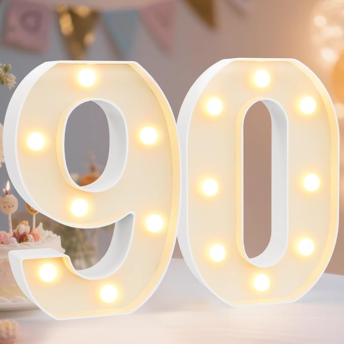 Pooqla Decorative LED Light Up Number Letters, White Plastic Marquee Number Lights Sign for 90th Birthday Party Wedding Decor, Battery Operated