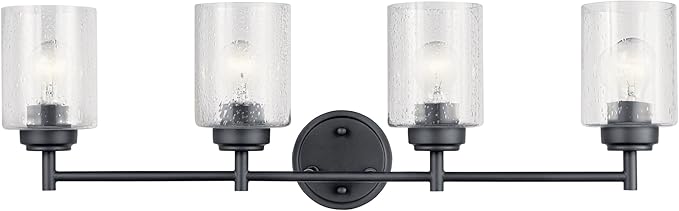 Kichler Winslow 30" 4-Light Bathroom Vanity Light Fixture with Clear Seeded Glass in Black, Modern Industrial Style for Bathroom and Powder Room, (30" x 9.25" x 6.5"), 45887BK