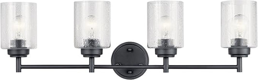 Kichler Winslow 30" 4-Light Bathroom Vanity Light Fixture with Clear Seeded Glass in Black, Modern Industrial Style for Bathroom and Powder Room, (30" x 9.25" x 6.5"), 45887BK