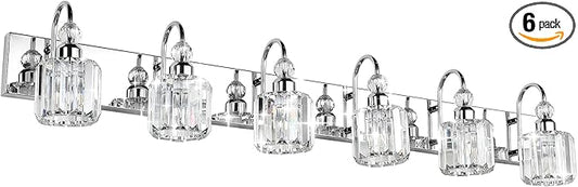 Ralbay 6-Lights Stainless Steel Crystal Bathroom Vanity Lights Over Long Mirror Modern Crystal Vanity Lighting Fixtures for Bathroom