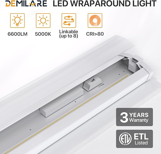 4ft LED Wraparound Light, 60W/50W/40W Selectable LED Light, 6600LM 5000K Daylight, Linkable Hardwired Linear Ceiling Fixture for Garage Workshop Office, ETL Listed,2 Pack