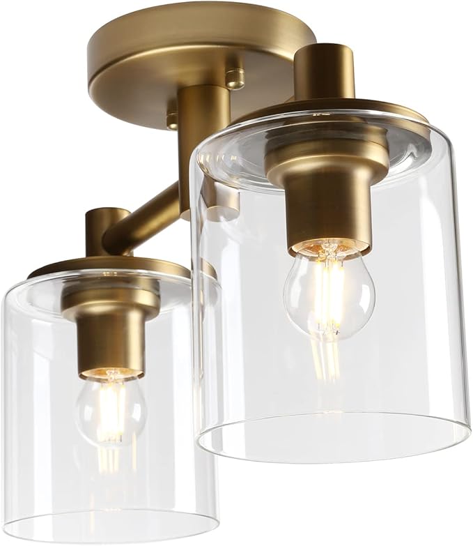 Pathson 2-Light Semi Flush Mount Ceiling Light, Industrial Pendant Lighting Fixture with Glass Shade, Ceiling Chandelier Lamp for Hallway Loft Kitchen Bar