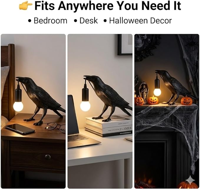 Shandaglo Raven Lamp Gothic Decor, Black Crow Table Lamp with LED Bulb, Unique Dark Aesthetic Night Light for Bedroom Desk, Halloween Home Decoration Gift